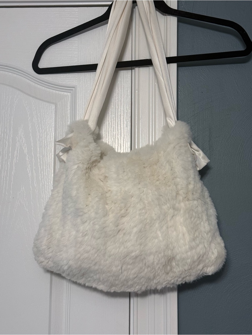 Vintage Ultra Plush Rabbit Fur Shoulder Bag in Ivory with Satin Straps